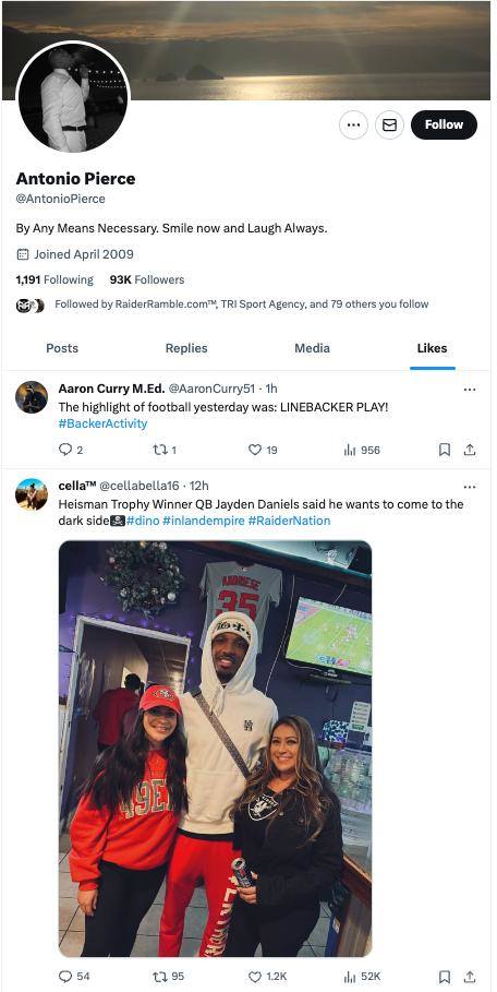 Las Vegas Raiders coach Antonio Pierce likes a post about LSU QB Jayden Daniels landing with the franchise.